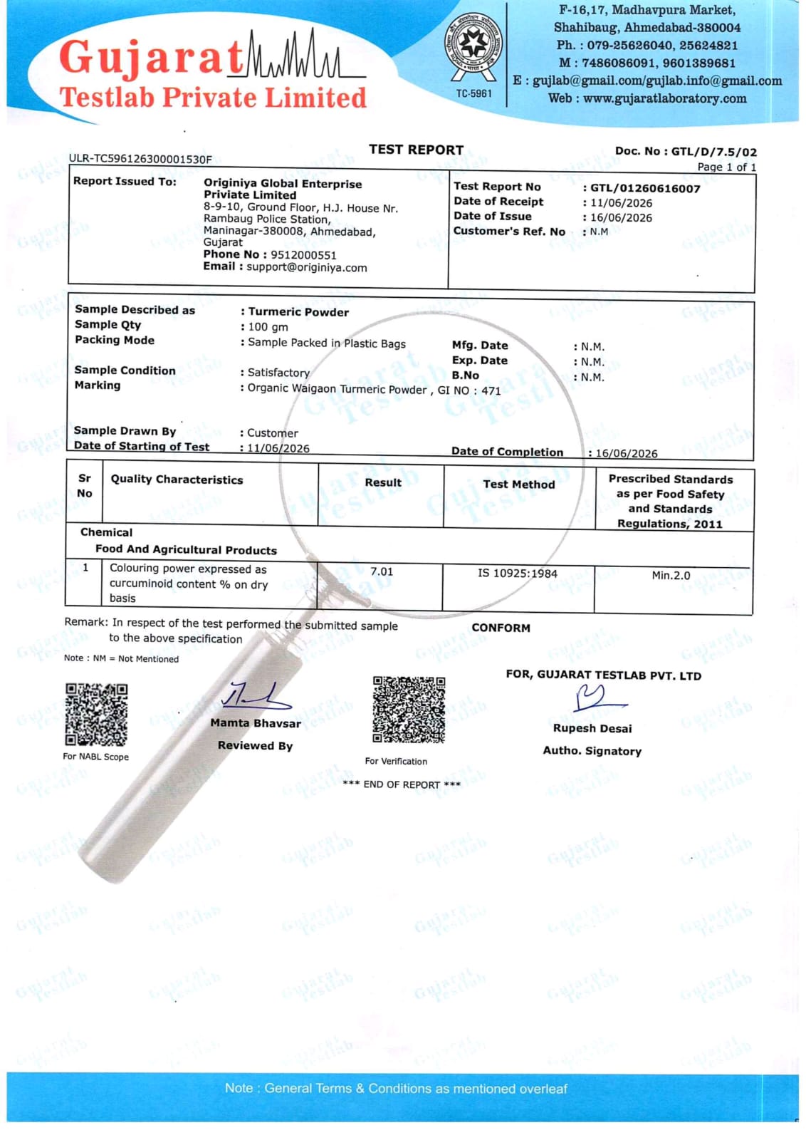 Waigaon Turmeric Latest Lab Report 7% Curcumin Content